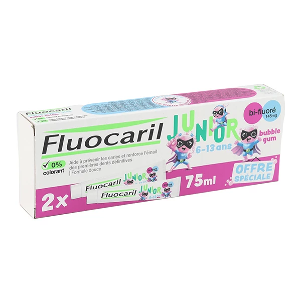 Fluocaril dentifrice junior Bubble Gum 6-13 ans lot de 2 x 75ml